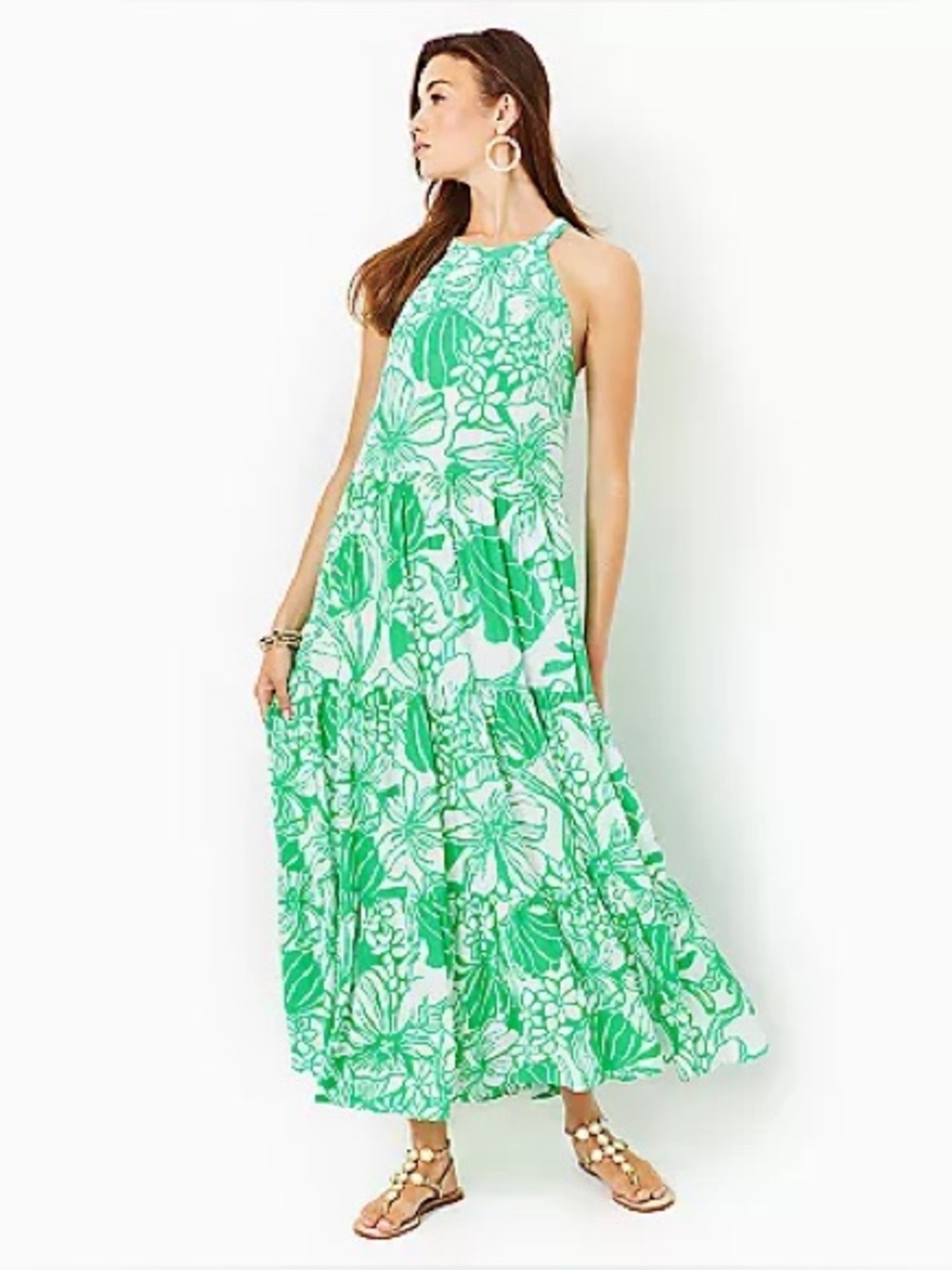 NWT Lilly Pulitzer Beccalyn Halter Dress Green Leaf Maxi Dress “Kiss My Tulips”